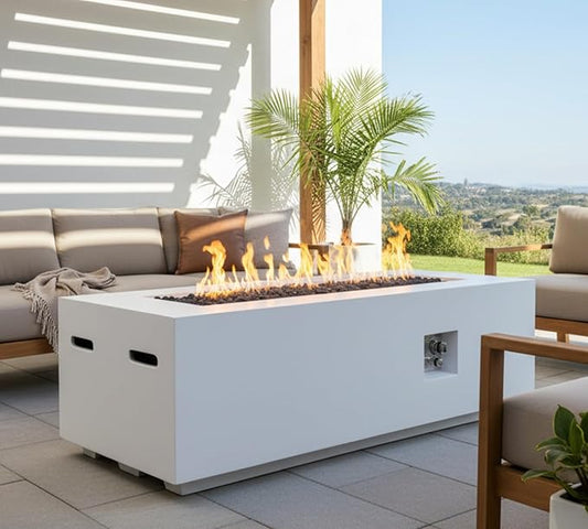 60-Inch Outdoor Gas Propane Fire Pit Table with Propane Tank Cover,Set-2-Piece,60,000 BTU Concrete Fire Pit with Free Rain Cover, Tank Seat, Lava Rocks, for Outside Patio Backyard,White