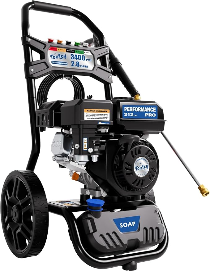 TOOLCY Gas Powered Pressure Washer 3400 PSI 2.8 GPM, 212cc Engine Gas Power Washer with Enhanced Pump, 30FT Pressure Washer Hose, Soap Tank, Pressure Gun & 5 Tips for Cars/Driveways/Homes/Patios