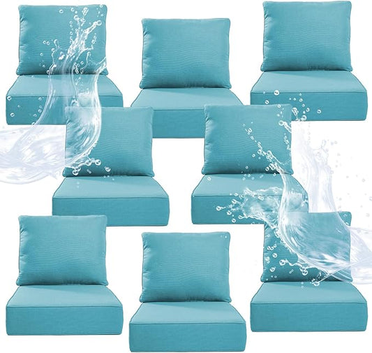 6" Thicker Outdoor Chair Cushion 8 Sets - 24" *24" *6" Waterproof Patio Furniture Cushions with Removable Cover, 28D High Density Sponge Filling Thicken Outdoor Patio Cushions - Turquoise