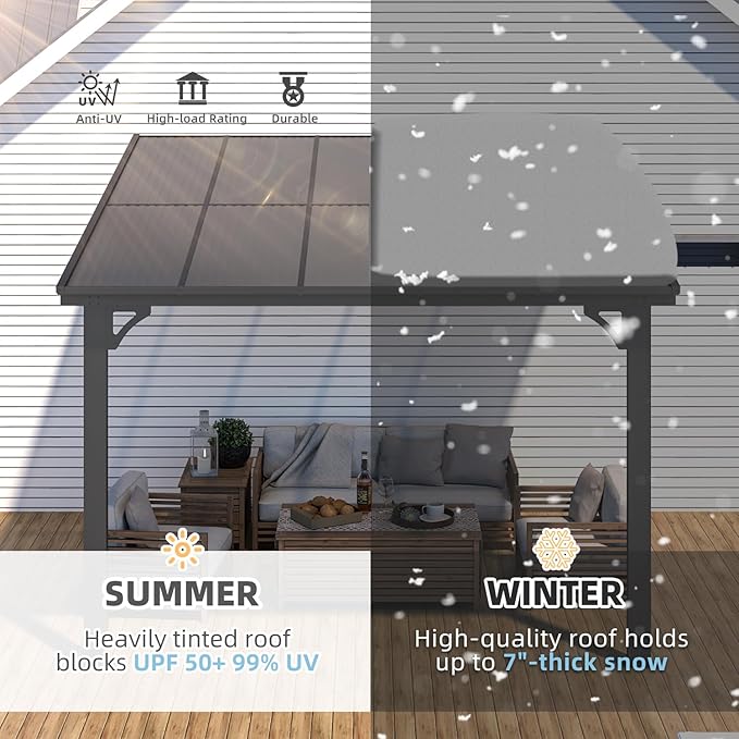 AECOJOY 10' x 10' Adjustable Height Outdoor Gazebo Pergola for Patio, Large Wall-Mounted 8.1-9.8 Ft Hard Top Lean to Metal Heavy Duty Metal Awnings Shelter Pergolas and Gazebos Clearance with Roof