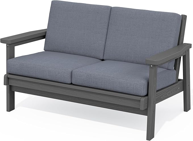 SERWALL HDPE Outdoor Patio Loveseat, Grey Frame and Grey Cushion