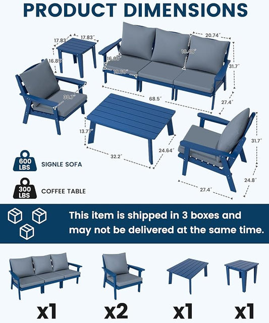 FOOWIN 7-Piece Patio Furniture Set, HDPE All-Weather Outdoor Conversation Set with Thick Cushions, Sectional Patio Sofa Furniture for Deck, Porch, Lawn, Garden, Navy Blue Frame & Grey Cushion