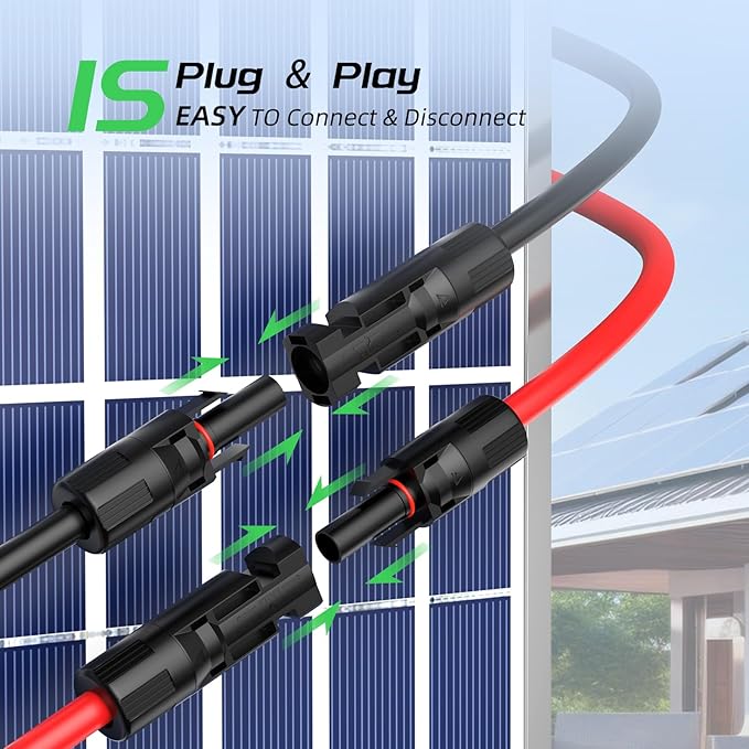 Bateria Power 10Feet 10AWG Solar Panel Extension Cable, 10 Gauge 6mm² PV Wire with Female & Male Waterproof Connectors for RV, Photovoltaic Systems, Set of 2