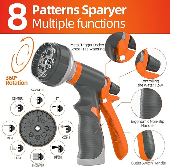 SPECILITE Garden Water Hose 75 ft x 3/4 in Heavy Duty, Flexible and Lightweight, Burst 600 psi, Kink-less Hybrid Rubber Pipe for Backyard, 3/4'' Brass Fittings, Orange
