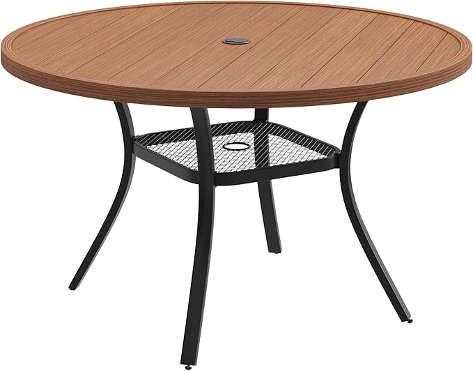 DIFY 48" Round Patio Dining Table for 6, All Weather Round Outdoor Metal Dining Table with 1.57" Umbrella Hole, Perfect for Backyard Lawn Garden, Walnut