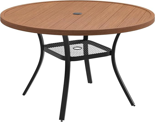 DIFY 48" Round Patio Dining Table for 6, All Weather Round Outdoor Metal Dining Table with 1.57" Umbrella Hole, Perfect for Backyard Lawn Garden, Walnut