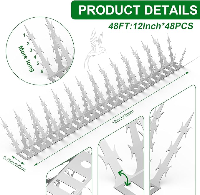 Bird Spikes for Outside, 48 Pack Stainless Steel Squirrel Spikes & Baffles for Garden, Deter Birds Pigeon Squirrel Cat Raccoon Snake from Fence Roof Window Bird Feeder Poles (48FT)