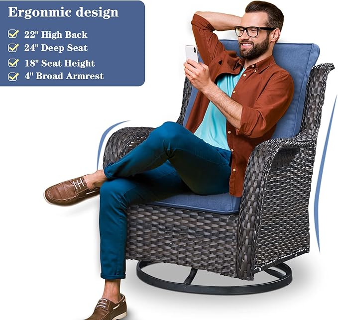 Belord Outdoor Wicker Furniture Patio Set - 7 Piece Backyard Furniture Brown Rattan Conversation Sets with Swivel Rocker Chairs, Rattan Sofa, Club Chairs and Coffee Table, Blue Cushion