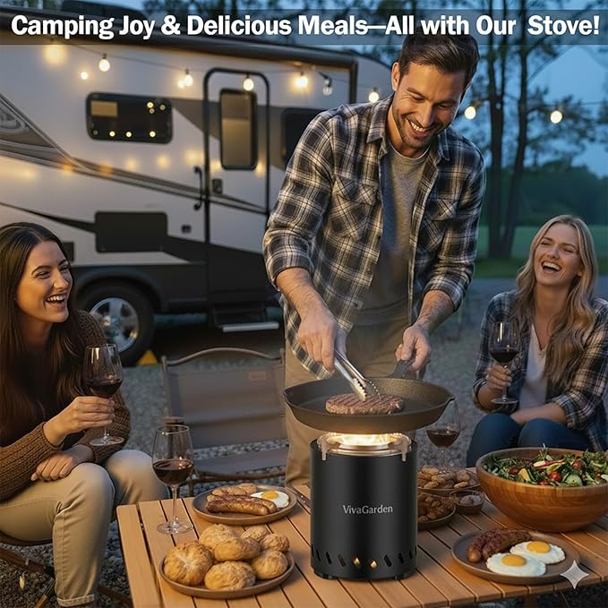 Smokeless Tabletop Fire Pit, VivaGarden Portable Outdoor Fire Pit for Camping, Patio, Backyard, Wood and Pellets Burning Camping Stove with Carry Bag, Forks, Mat and Pot Stand (9.7x7.1 Inch, Black)