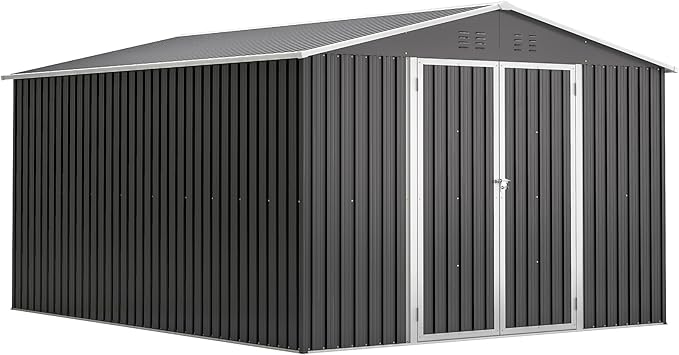 Favfurish Outdoor Storage Shed 10×12 FT,Metal Waterproof Tool Sheds with Lock and Key,Heavy-Duty Sheds Unit W/Doors and Vents,Galvanized Steel Garden House for Storing Bicycles,Barbeques,Black