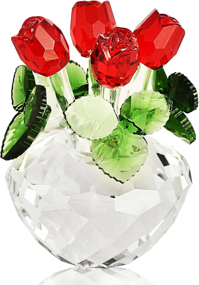 Crystal Roses Figurines,Valentine's Gifts for Women,Crystal Flowers Mom Girlfriend Wife Glass Flowers for Mother's Day,Birthday,Wedding,Anniversary Collectibles（Red）