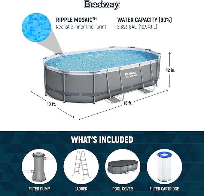 Bestway Steel Pro MAX 16' x 10' x 42" Oval Metal Frame Above Ground Swimming Pool Set with 1000 GPH Filter Pump, Ladder, and Pool Cover