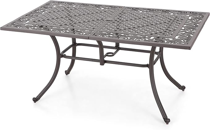 MFSTUDIO Cast Aluminum Patio Dining Table, Rectangular Outdoor Dining Table for 6, Patio Table with 2.16’’ Umbrella Hole, 63’’ Retro Design Metal Aluminum Table