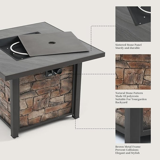 36'' Propane Gas Fire Pit Table, Sintered Stone Tabletop & Polyresin Stone Look Panel, 50000 BTU Gas Fire Pit for Outside Patio and Garden, with Metal Lid & Lava Rocks