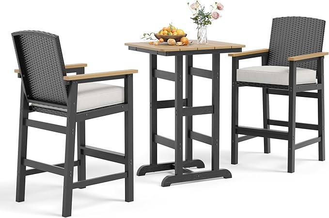 Outdoor Bar Set 3 Piece, All Weather HDPE High Top Table and Wicker Bar Chairs with 3.2” Cushion, Bar Height Patio Set for Backyard Poolside, Black
