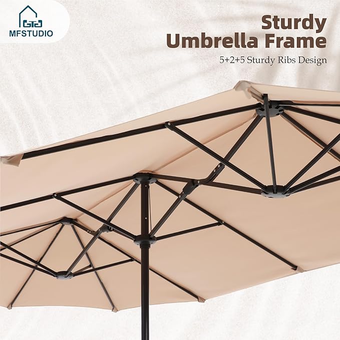 MFSTUDIO Heavy Duty Patio Set with Umbrella, 59'' Metal Rectangular Table & Swivel Chairs & 13ft Umbrella, 7 Pieces Outdoor Dining Furniture with Umbrella, Beige