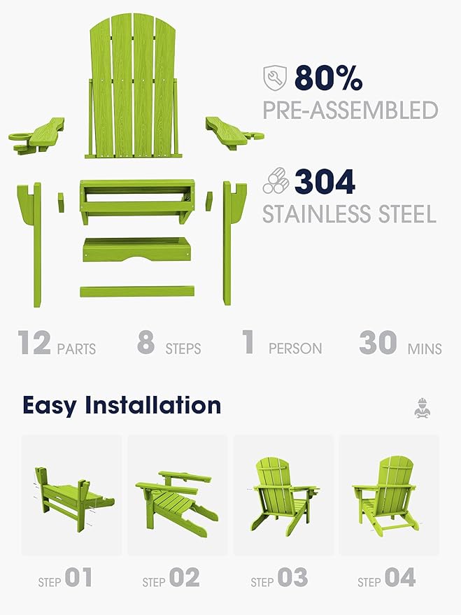 KINGYES Folding Adjustable Adirondack Chair with Ottoman, Apple