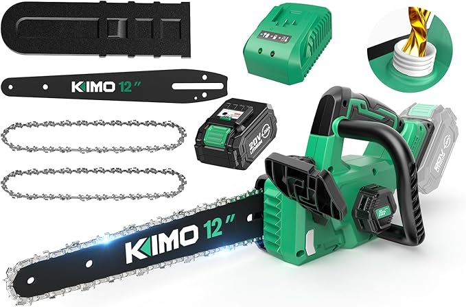 KIMO Brushless Electric Chainsaw 12 Inch Cordless with 4.0Ah Battery & Fast Charger, 54.5 FT/S Powerful Cutting, Security Lock，Auto Oiler Battery Powered Chainsaw for Wood Cutting & Tree Trimming