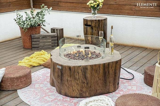Elementi Manchester Gas Fire Pit Cast Concrete Fire Table, Outdoor Fire Pit Electronic Ignition | Canvas Cover, Lava Rock Included | Free AMS Wind Guard | Red Wood (Natural Gas)