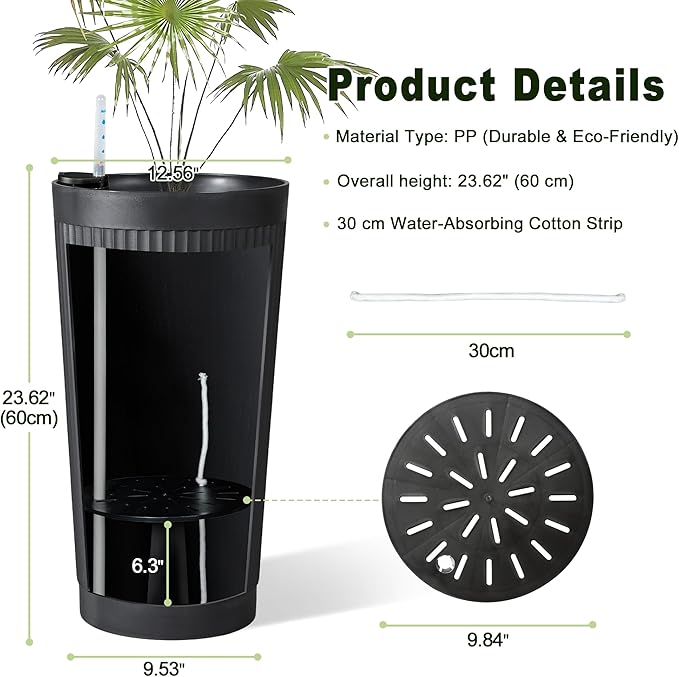 24" Tall Self Watering Planters for Indoor Plants, 2 Pack Large Plastic Outdoor Planter Pots with Built-In Water Reservoir and Level Indicator, Decorative Modern Flower Pots for Home & Patio (Black)
