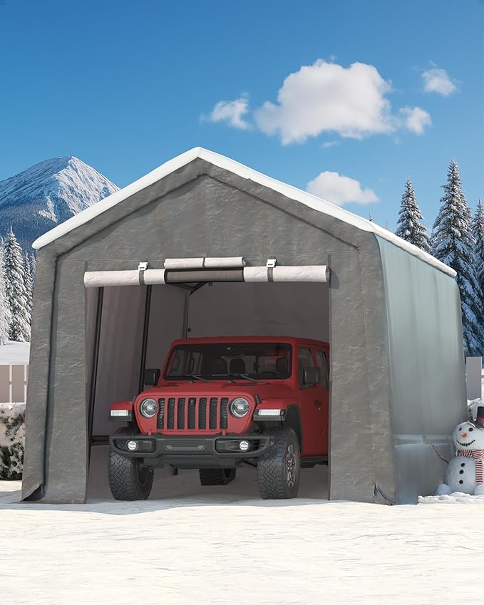 7X15 FT Heavy-Duty Portable Outdoor Storage Shed with Roll-Up Zipper Door & Vent, 240g Waterproof Carport Storage Shelter, UV-Resistant Canopy for Motorcycle, Firewood, Tools -Gray ﻿