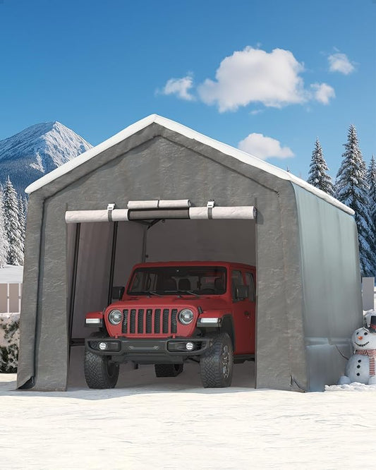 7X15 FT Heavy-Duty Portable Outdoor Storage Shed with Roll-Up Zipper Door & Vent, 240g Waterproof Carport Storage Shelter, UV-Resistant Canopy for Motorcycle, Firewood, Tools -Gray ﻿
