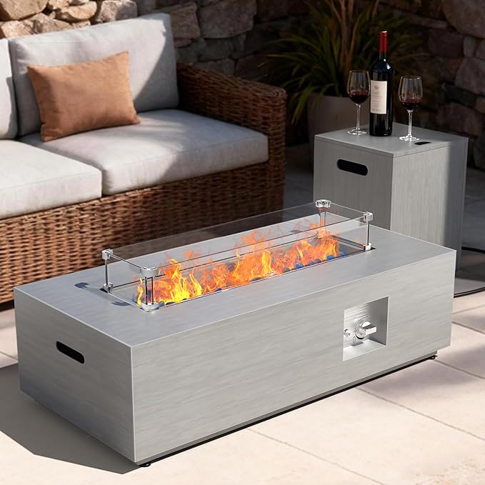 Outdoor Fire Pit Table Propane Gas Fire pits &Outdoor Fireplaces 42″ Rectangular Firepit Table, 50,000 BTU Fire Table for Patio Set (Light Gray)