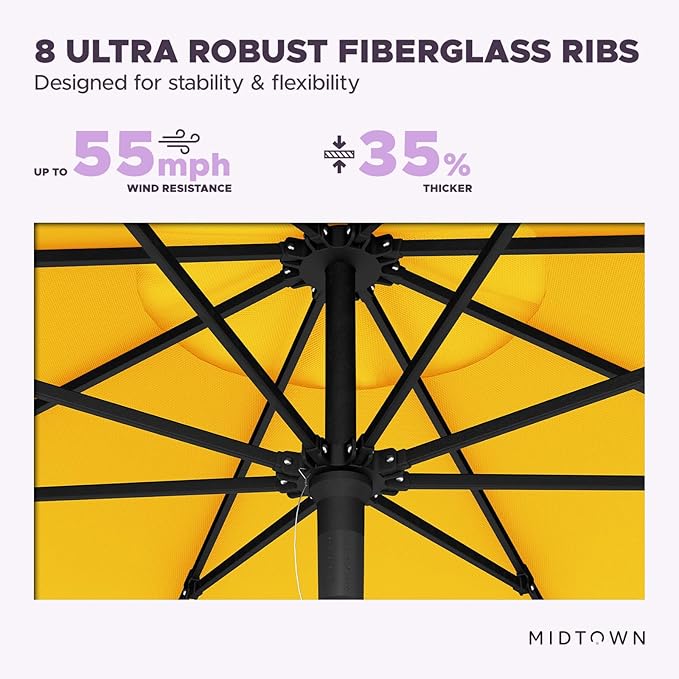 Midtown Umbrellas Push Pop Sunbrella Umbrella 10 Feet Large Outdoor Umbrella With Yellow Fabric - Deck Patio Umbrella, Backyard Umbrella, Garden Umbrella & Pool Umbrella - Black Pole