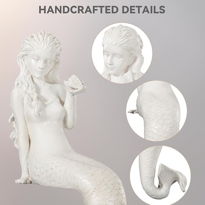 Ultym Mermaid Statue Outdoor, Large 25.6 Inch Garden Sculpture Figurines for Lawn and Patio Decor, Durable MGO Stone Yard Art with Weatherproof Finish for Indoor Decor Christmas Gift Antique White