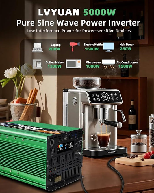 5000W Pure Sine Wave Power Inverters, LVYUAN 10000W Peak Power 12V DC to AC 120V Power Converter for RV, Truck, Outdoor, Remote Control Quadruple AC Outlets and USB Ports Inverter with LCD Display