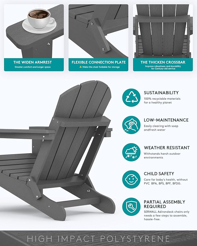 SERWALL Folding Adirondack Chair for Patio Garden Outdoors Fire Pit- (Folding Gray)
