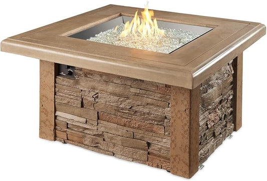 Outdoor GreatRoom Co Propane Fire Pit Table - Sierra Gas Fire Pits for Outside Patio - 43 Inch Square Concrete Firepit Fire Table with Matching Tabletop Cover, Rustic Faux Stone Base, 55,000 BTU