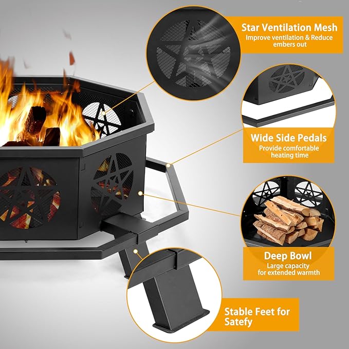 43 Inch Outdoor Fire Pit, Heavy Duty Wood Burning Firepits for Outside, Octagonal Metal Bonfire Fire Pits with Fire Poker for Camping, Backyard, Patio, Garden, Beach, Poolside, Picnic