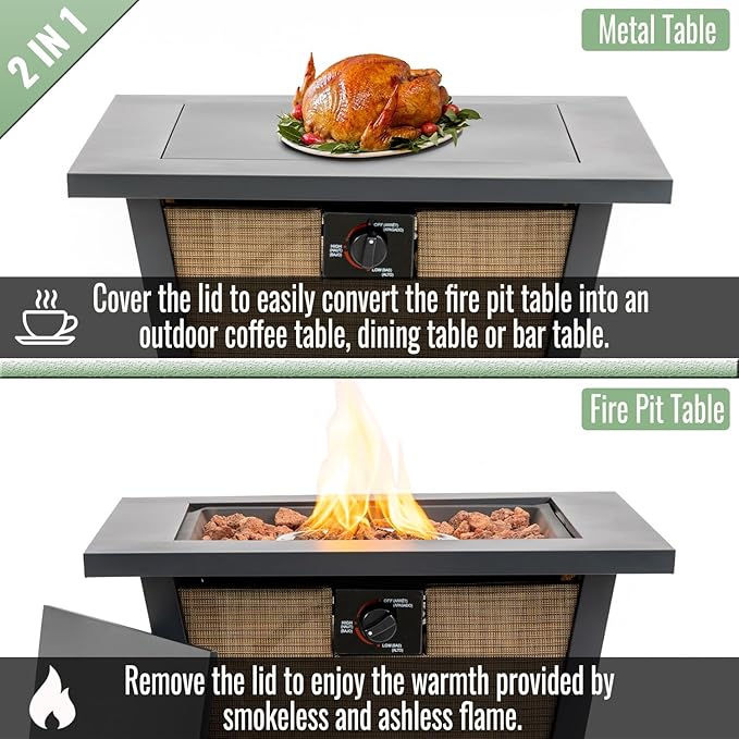 Propane Fire Pit Table, 28" Firepits for Outside, Gas Fire Pit for Outside Patio, Propane Fire Table with Rain Cover for Patio, Deck, 50000BTU, Tank Inside, Tank Not Included, Black+Brown