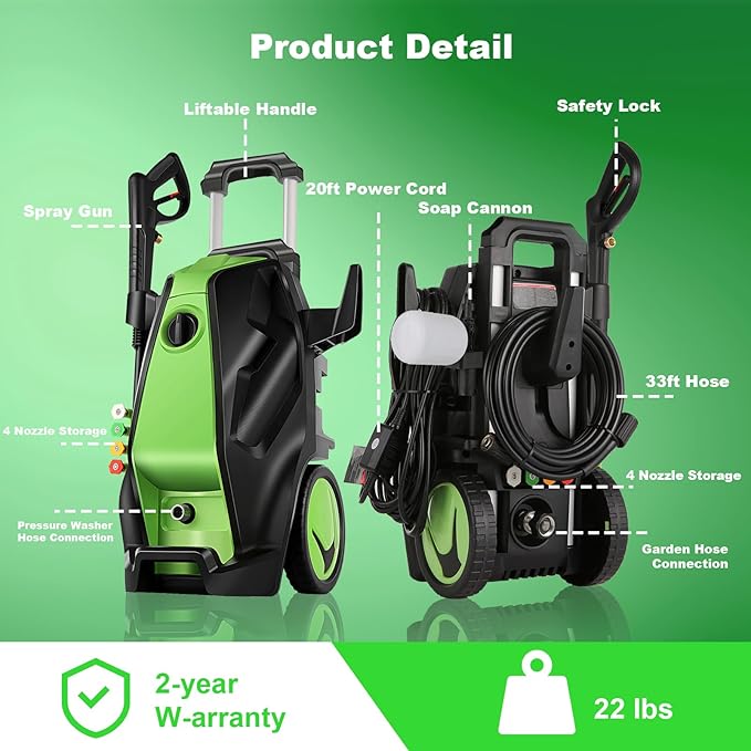 commowner 5000PSI Electric Pressure Washer with 33FT Hose 4.0GPM Power Washers Electric Powered Professional High Pressure Cleaner Machine, Foam Cannon, 4 Tips, powerwashers for Home Cars, Green