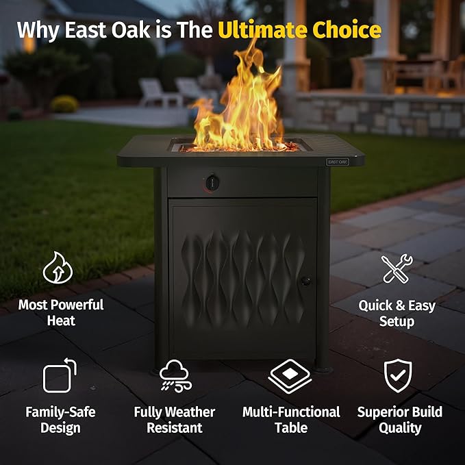 EAST OAK 28" Upgraded Outdoor Fire Pit Table | 52,000 BTU Fire Pit Table for Outside with Magnetic Lid | Storage Basket & Lava Rocks | CSA Certified for Patio, Garden & Backyard | Black