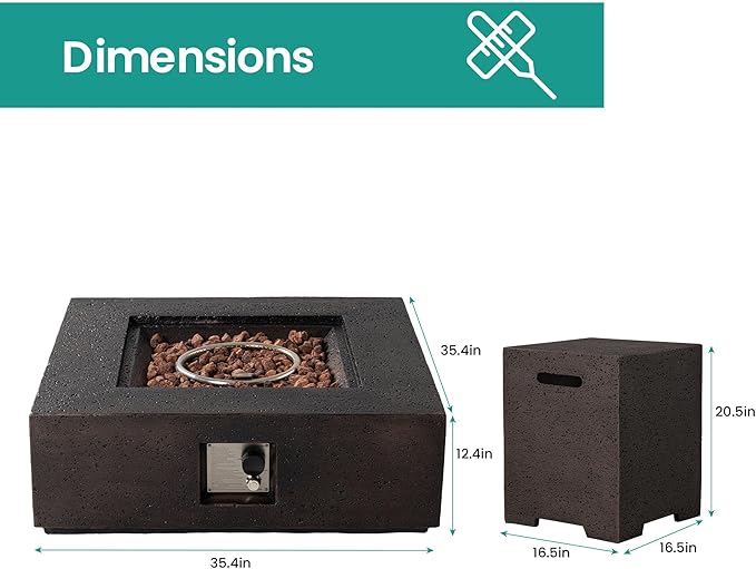 SUNBURY Outdoor Fire Pit, 35 in Square Propane Gas Patio Fire Table, 50000 BTU Firepit Table with Lava Rocks, Propane Tank Cover, Waterproof Cover (Dark Brown)