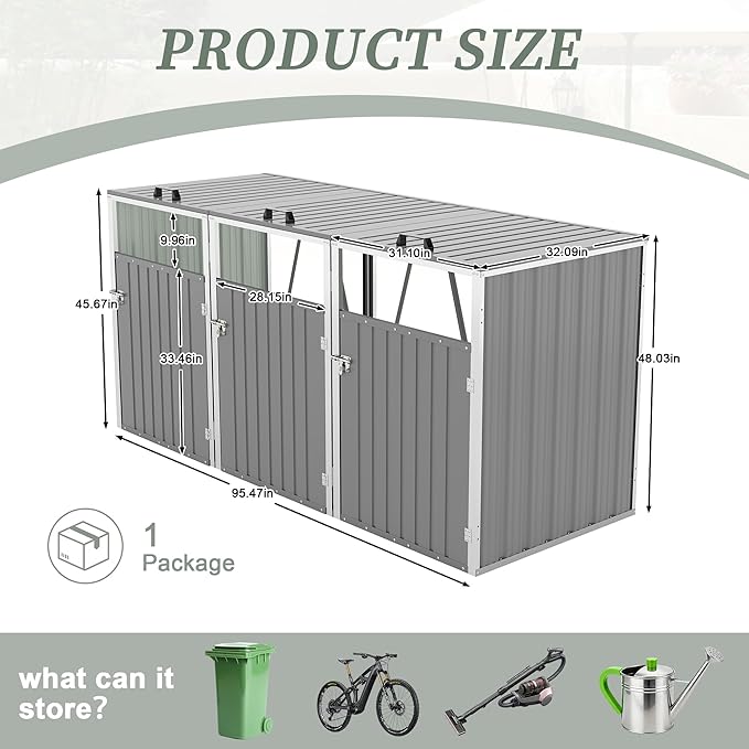 Outdoor Storage Shed Metal Trash Can Storage,120 Cu.Ft Garbage Can Storage Shed W/Lid Chain,Door Bolt & Pneumatic Spring Support Rods,for 3 Trash Bins,Bike,Garden Tools,Light Gray