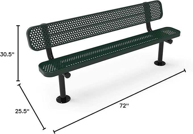 COATEDOUTDOORFURNITURE Coated Outdoor Furniture Heavy-Duty Outdoor Bench Thermoplastic Coated, Punched Steel, Commercial-Grade Seating, Made in America (Surface with Back, 6 Ft, Green)