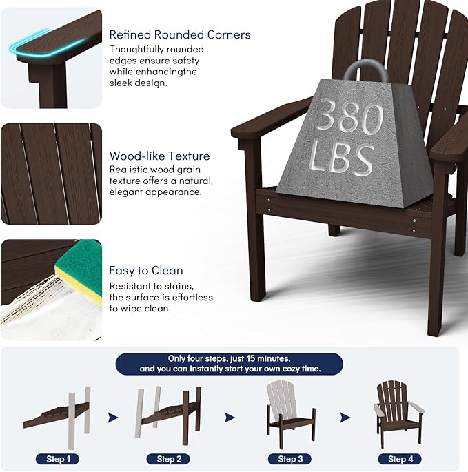 nevilywood Compact Stackable Adirondack Chairs Set of 4, 26.3" Wide HDPE Outdoor Patio Chairs - Durable, Space-Saving Design for Porch, Lawn or Garden, Coffee