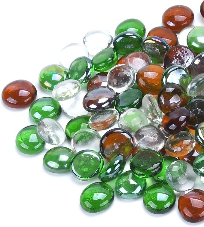GasSaf Blended Fire Glass Beads for Outdoor Fire Pit, Fireplace, Replaces Existing Gas Logs & Lava Rocks, 3/4 Inch Glass(10 Pound)(Green, Amber, Crystal Clear Luster)