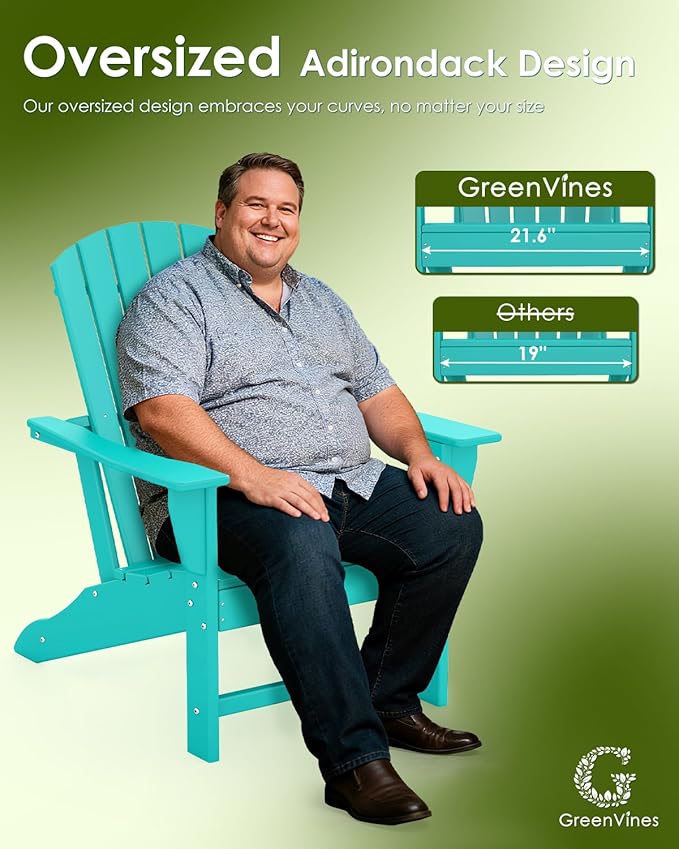 GREENVINES Adirondack Chairs Set of 6 | HDPE Plastic | Oversized Fire Pit Chair | All Weather | Aqua | Poly Lumber | for Outdoor Deck Backyard Patio Garden