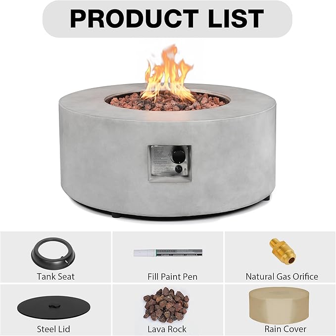 36 Inch Round Fire Pit,Outdoor Propane Fire Pit Table 50000 BTU Modern Gas Firepit Coffee Table & CSA Certification with Lava Rocks/Rain Cover,for Patio Backyard & Deck