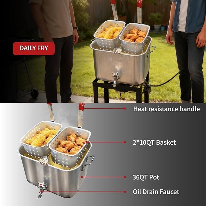 36QT Aluminum Deep Fryer Pot with Baskets &Spigot，Durable Rectangular Fish Fryers with Thermometer，Complete Outdoor Cooking Kit for Frying Fish,Chicken Wings,French Fries,Turkey