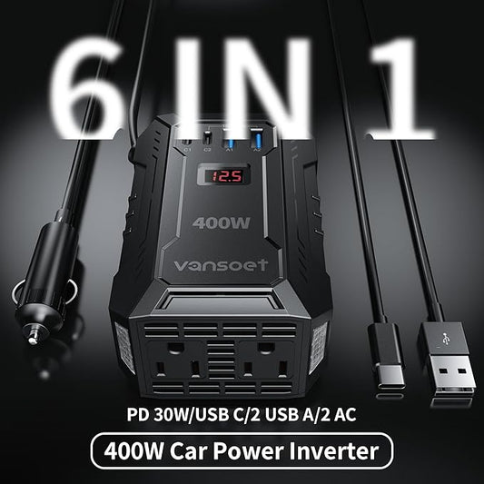 400W Car Power Inverter DC 12V to 110V AC Inverter with PD 30W/15W USB C+2*USB A Ports & 2 AC Outlets, Car Plug Adapter Outlet for Laptop/Phone/Road Trip