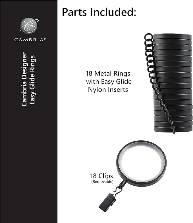 MODE Cambria Designer Series - Premium Easy Glide 18 Count Curtain Rings - Metal with Smooth, Quiet Nylon Inserts with Clips - 2 inch Diameter (1-5/8 inch Inside Diameter) - Satin Black Finish