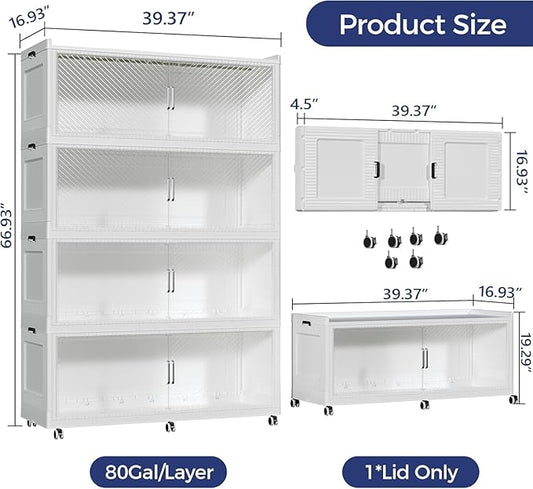 1280QT Extra Large Storage Bins with Lid and Wheels, 320Gal Stackable Closet Organizers and Storage Cabinet, Collapsible Storage Box with Doors for Home Kitchen Office Dorm, 4Pack White Clear