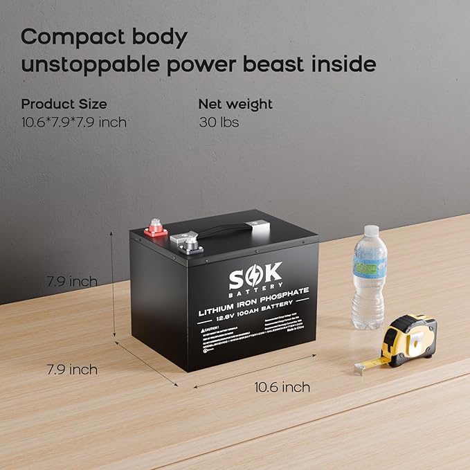 SOK Battery 100Ah 12V 2-Pack LiFePO4 Deep Cycle Lithium Iron Phosphate Batteries - Ideal for RVs & Off-Grid Use with Low-Temperature Protection.