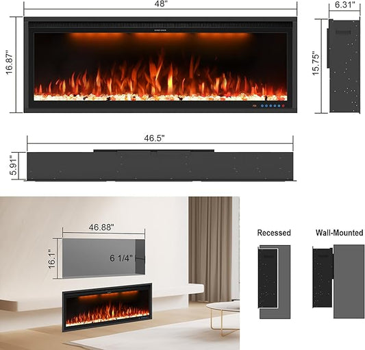 48" Smart Electric Fireplace Inserts,Slim Fireplace with APP Control & Remote Control& Touch Panel,13 Adjustable Flame Color&13 Fuel Bed Colors,750W/1500W,Black