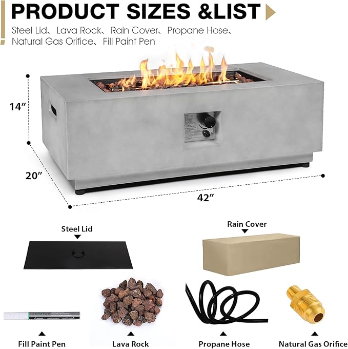 42inch Rectangle Concrete Fire Pit Table Propane - Modern Patio Fire Table w CSA Certified, 50,000 BTU Stainless Steel Burner Rectangular, Lava Rocks, Rain Cover